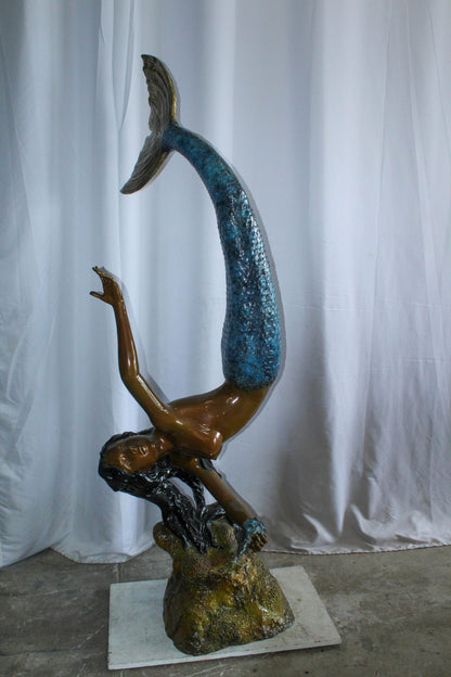 Large Bronze Mermaid Fountain Statue With Blue Tail 37" x 30" x 85"H