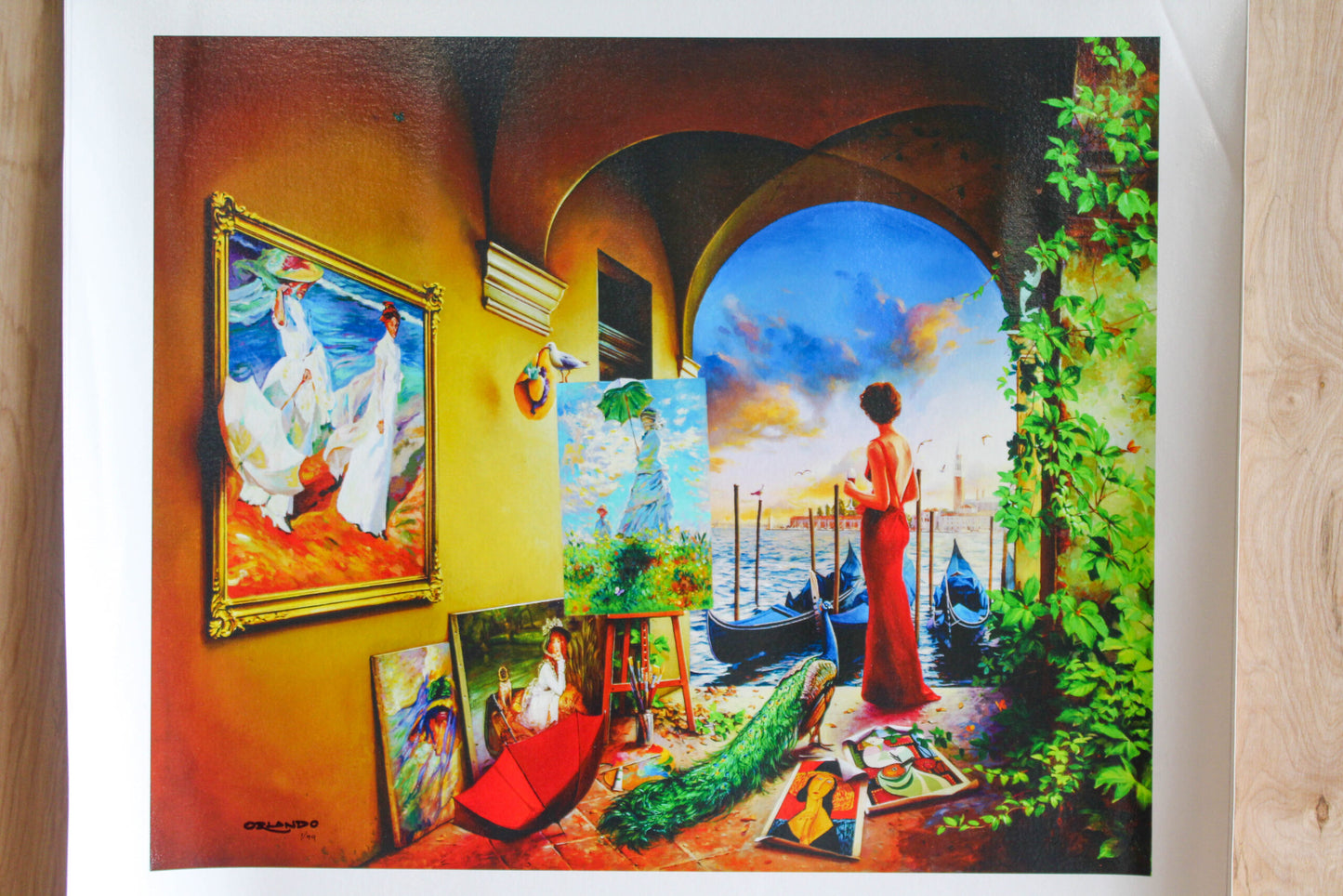 Orlando Quevedo Venetian Lady in Red Giclee Original Painting, 24"x20"