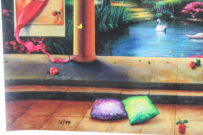 Paradise by Orlando Quevedo Garden Terrace Scene With Swans and Pillars, 30"x21"