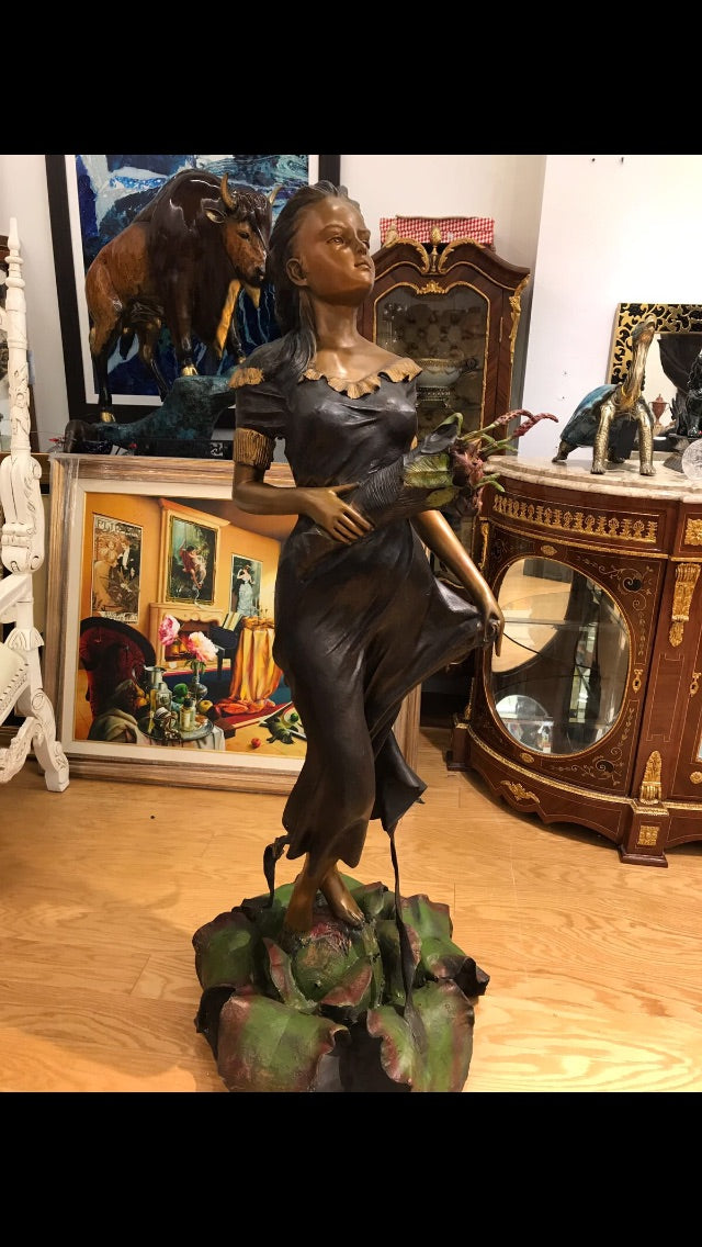 Woman Holding Bouquet Standing on Lily  Bronze Statue/Fountain 28" x27"x 60"H. 
