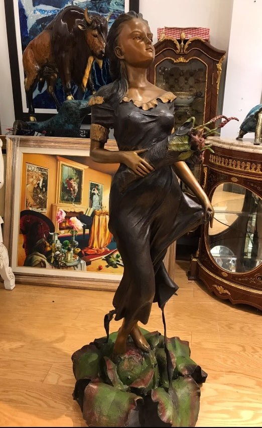 Woman Holding Bouquet Standing on Lily  Bronze Statue/Fountain 28" x27"x 60"H. 