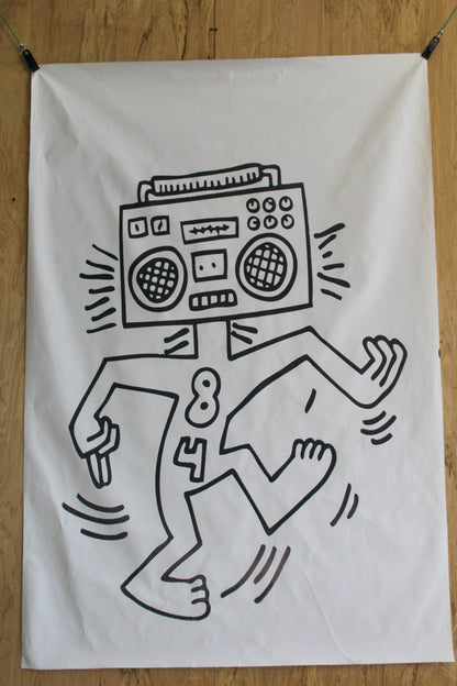 Giant Boombox Head Graffiti Style Pop Art Dancing Figure, 50"x74"