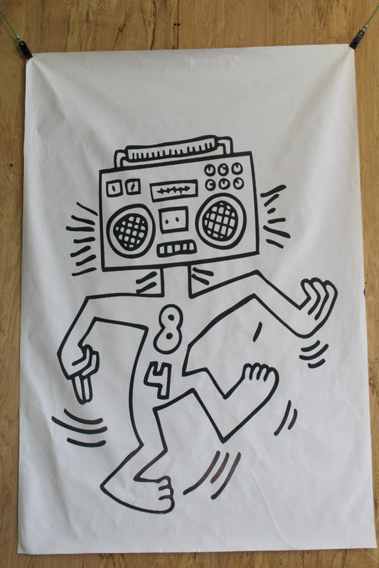 Giant Boombox Head Graffiti Style Pop Art Dancing Figure, 50"x74"