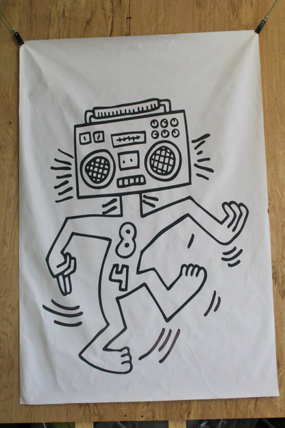 Giant Boombox Head Graffiti Style Pop Art Dancing Figure, 50"x74"