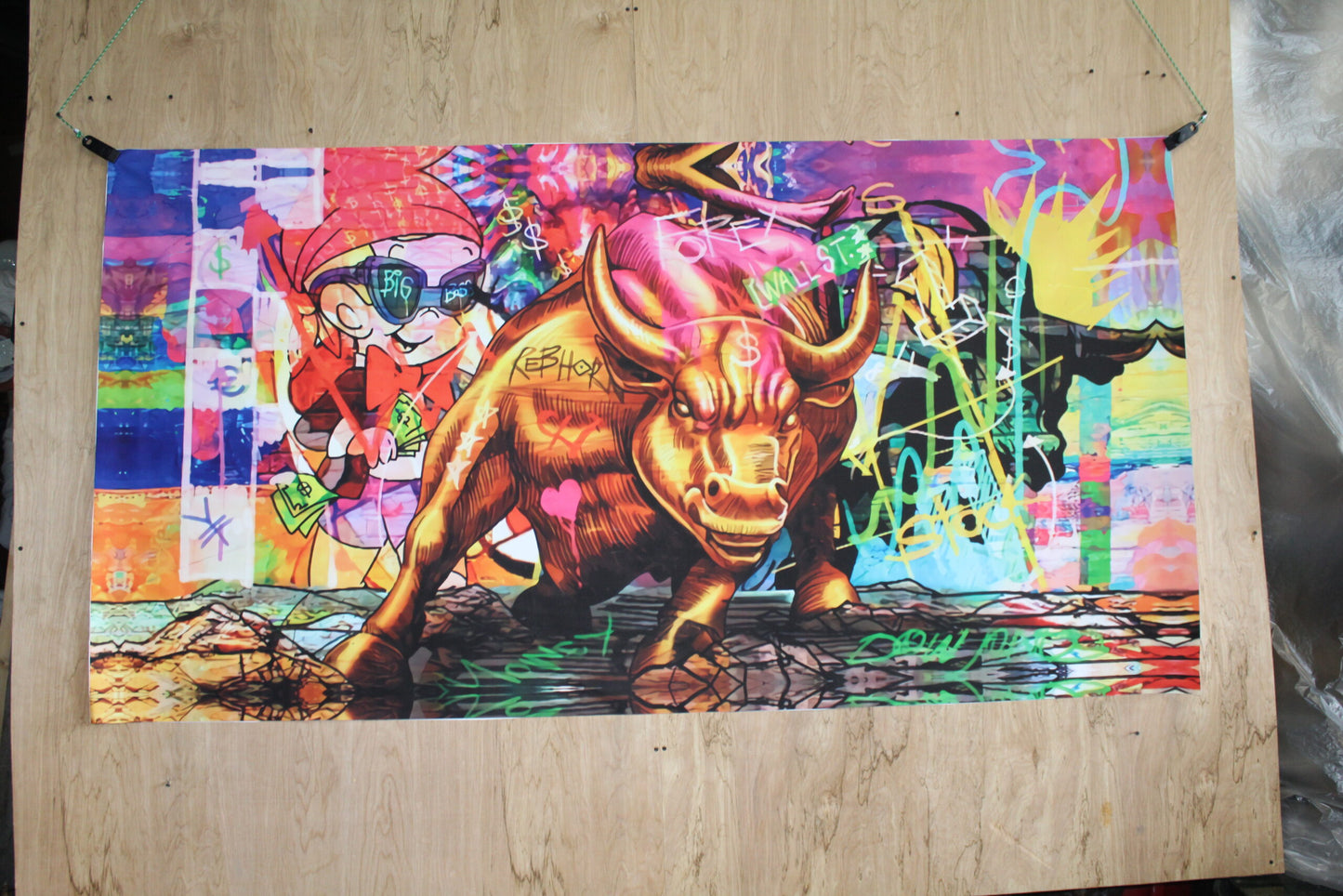 Monopoly and Wall Street Financial Bull Pop Art Unstretched Canvas, 84"x44"