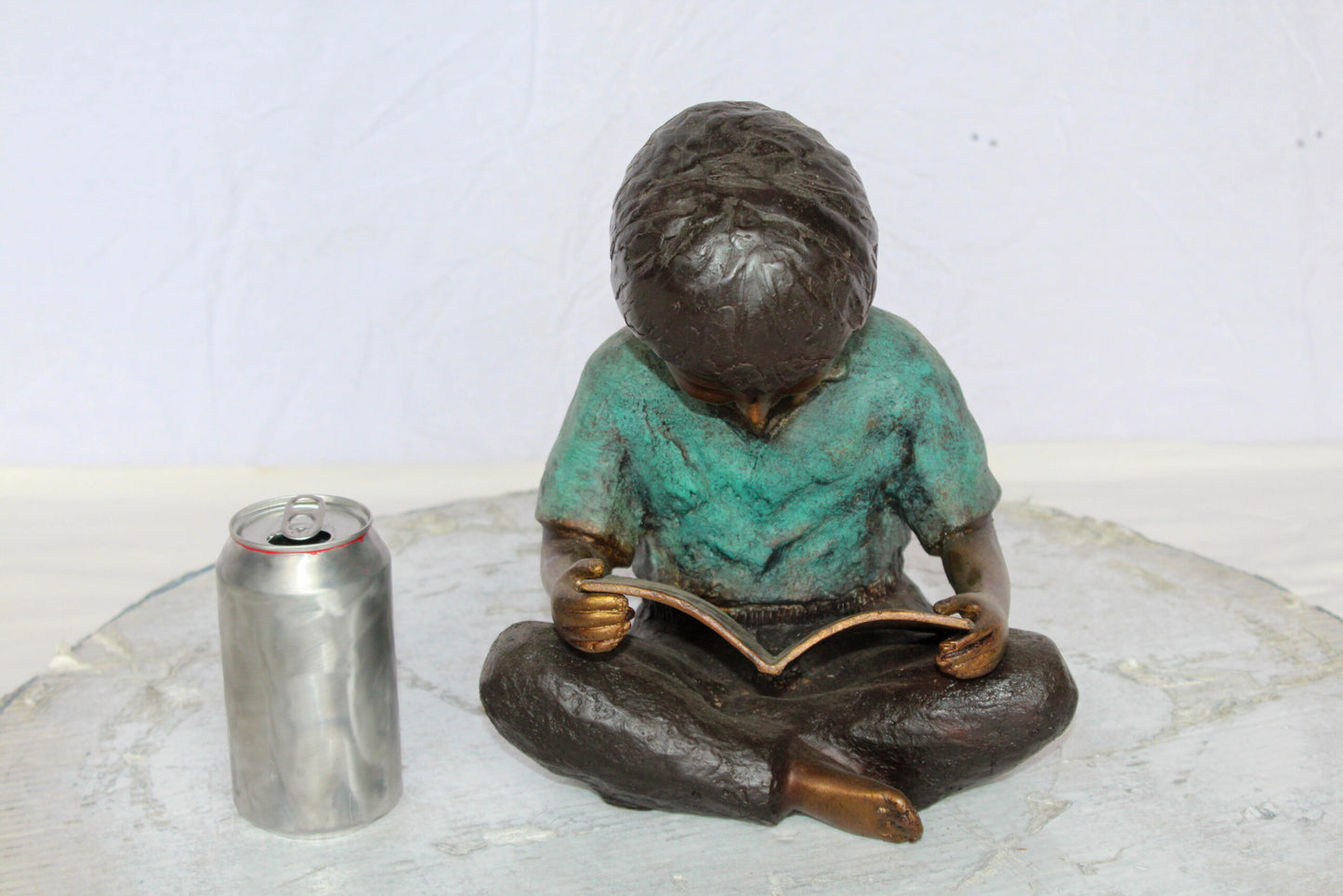 Bronze Statue of Boy Reading Book Lost Wax Cast Sculpture 9" x 8" x 11"H