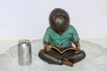 Bronze Statue of Boy Reading Book Lost Wax Cast Sculpture 9" x 8" x 11"H