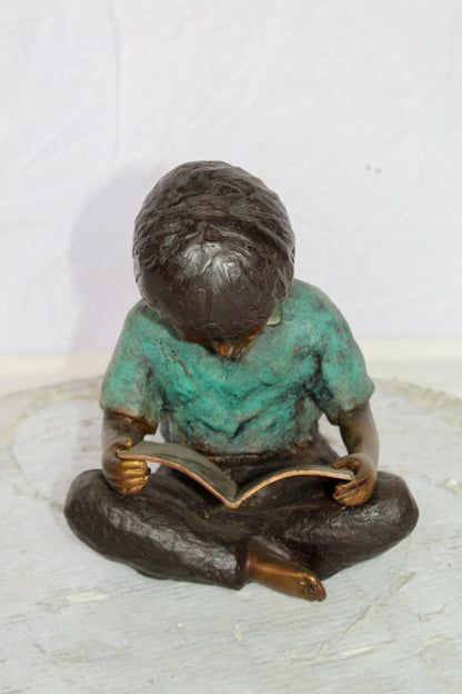 Bronze Statue of Boy Reading Book Lost Wax Cast Sculpture 9" x 8" x 11"H