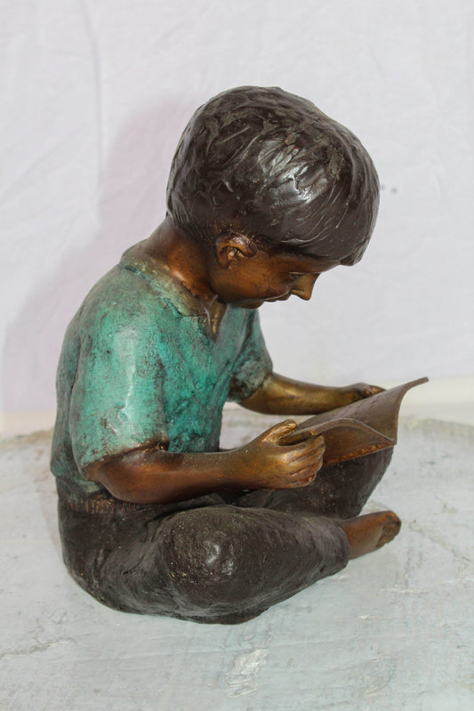 Bronze Statue of Boy Reading Book Lost Wax Cast Sculpture 9" x 8" x 11"H