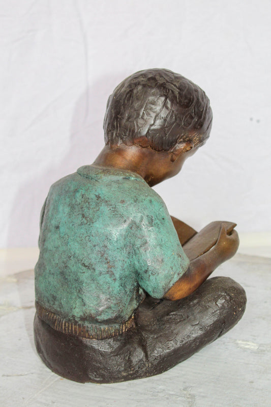 Bronze Statue of Boy Reading Book Lost Wax Cast Sculpture 9" x 8" x 11"H