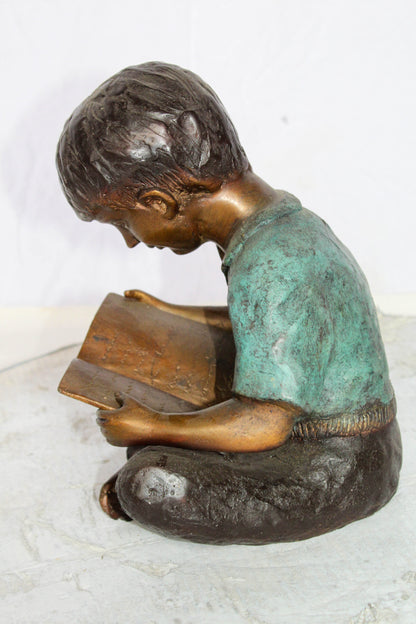 Bronze Statue of Boy Reading Book Lost Wax Cast Sculpture 9" x 8" x 11"H