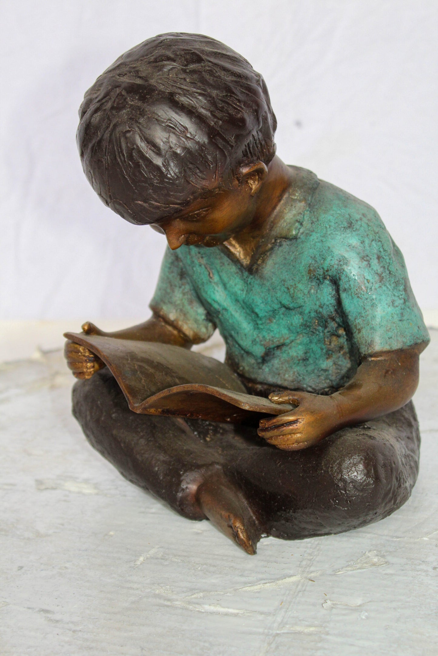 Bronze Statue of Boy Reading Book Lost Wax Cast Sculpture 9" x 8" x 11"H