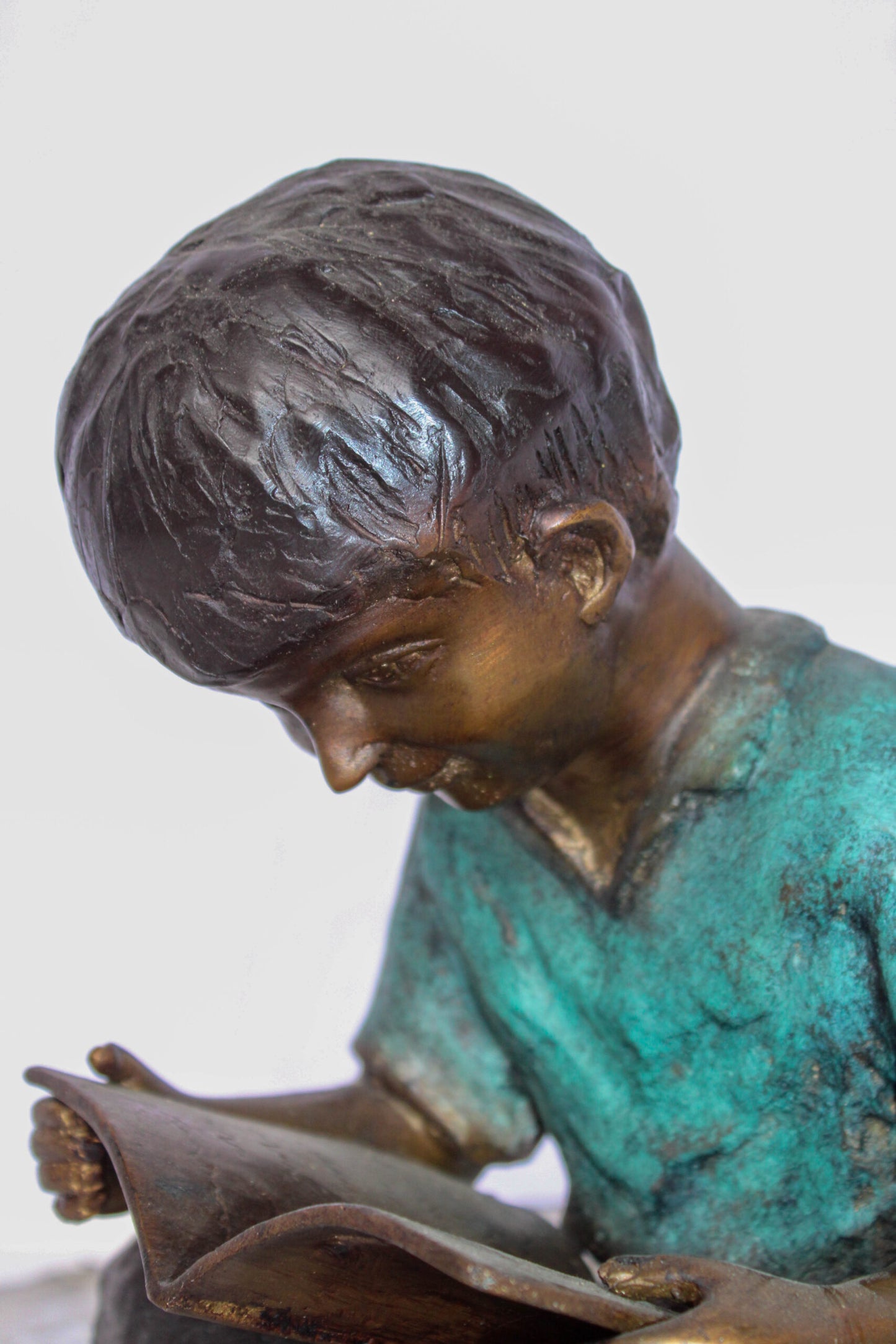 Bronze Statue of Boy Reading Book Lost Wax Cast Sculpture 9" x 8" x 11"H