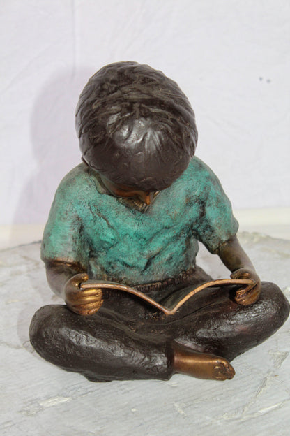 Bronze Statue of Boy Reading Book Lost Wax Cast Sculpture 9" x 8" x 11"H
