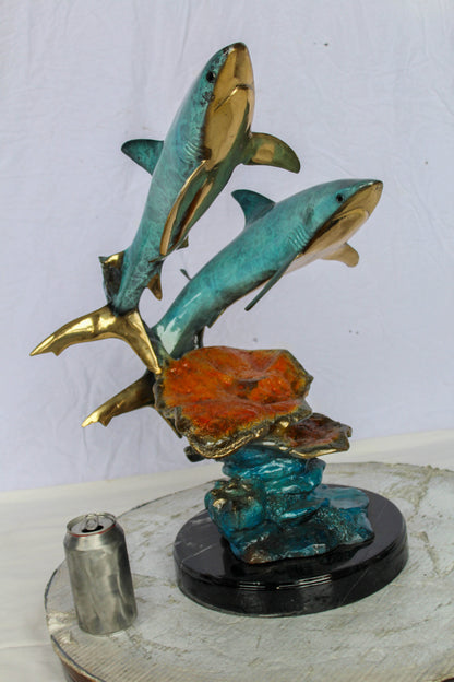 Bronze Shark Sculpture With Coral Reef Base Lost Wax Cast 11" x 16" x 23"H