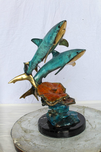 Bronze Shark Sculpture With Coral Reef Base Lost Wax Cast 11" x 16" x 23"H