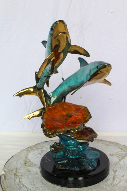 Bronze Shark Sculpture With Coral Reef Base Lost Wax Cast 11" x 16" x 23"H
