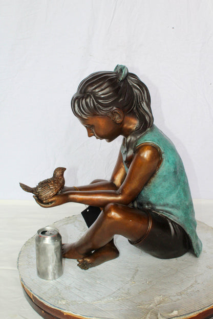 Bronze Girl Holding Bird Statue Lost Wax Sculpture with Patina 19" x 10" x 20"H