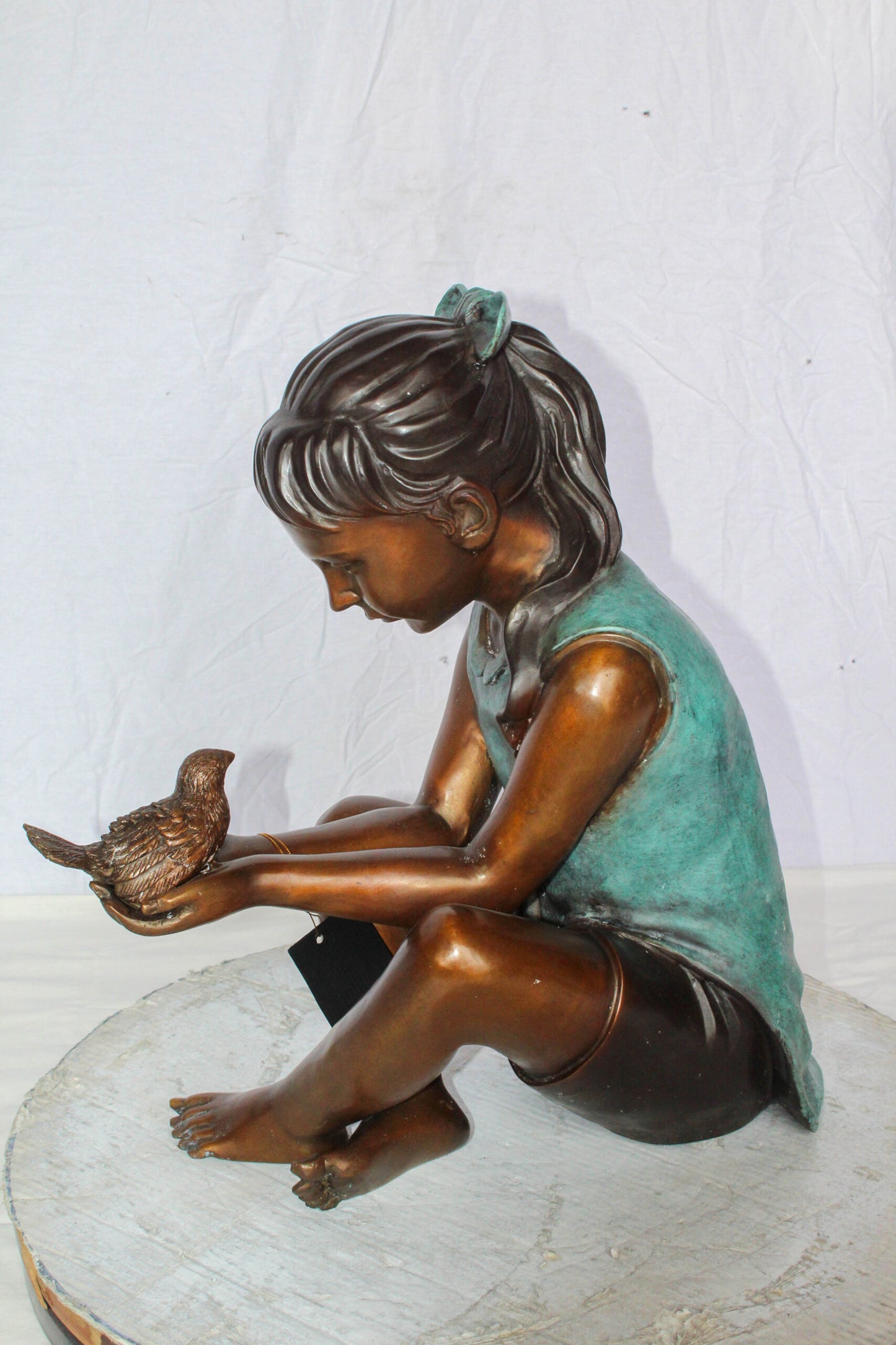 Bronze Girl Holding Bird Statue Lost Wax Sculpture with Patina 19" x 10" x 20"H
