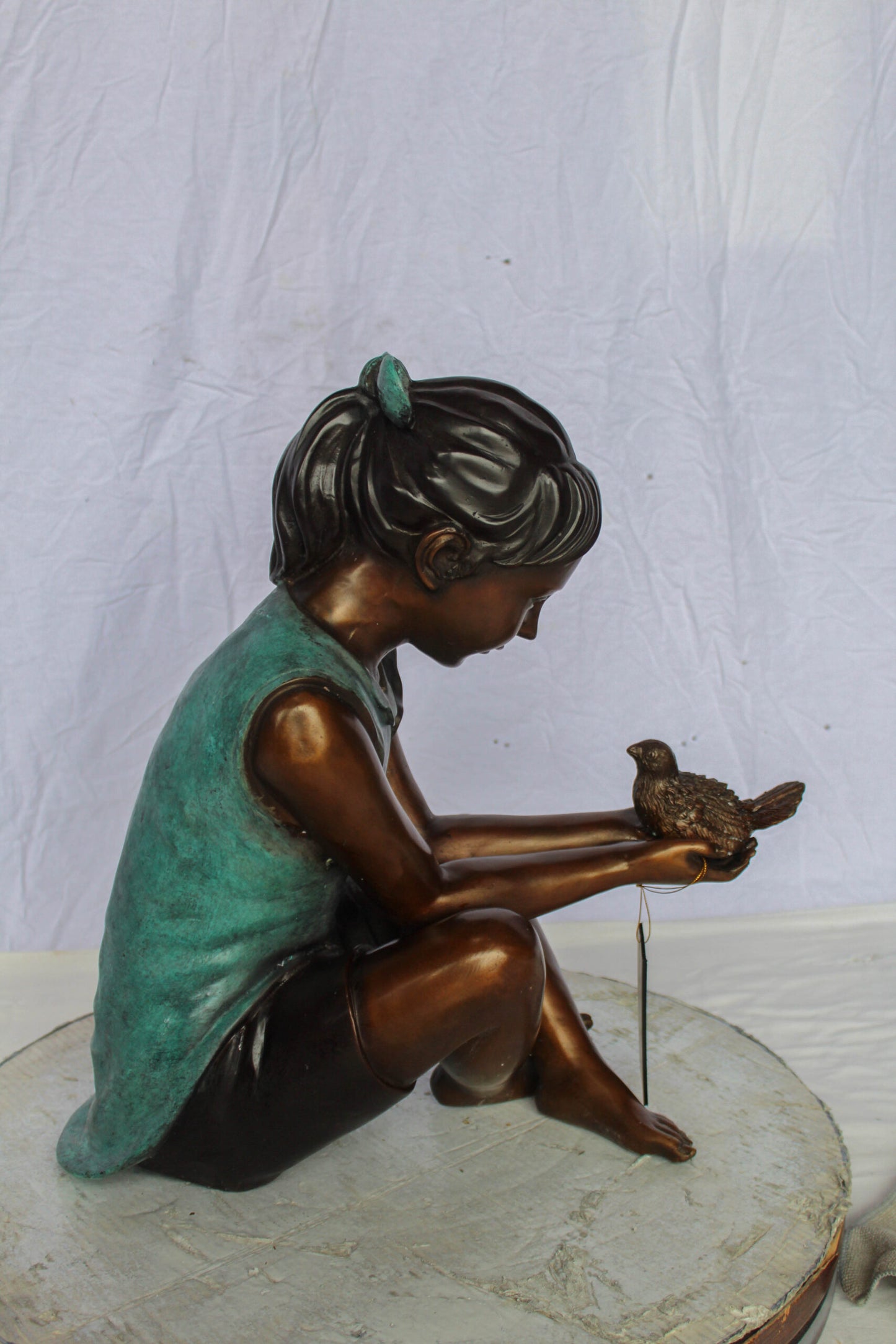 Bronze Girl Holding Bird Statue Lost Wax Sculpture with Patina 19" x 10" x 20"H
