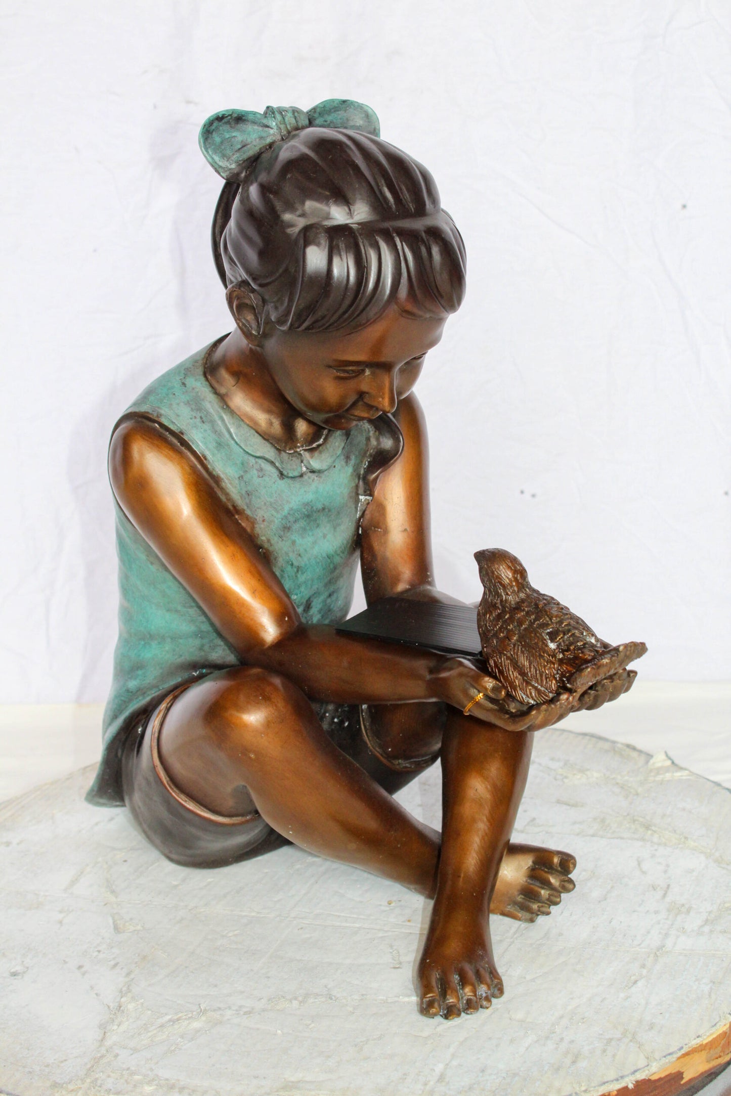 Bronze Girl Holding Bird Statue Lost Wax Sculpture with Patina 19" x 10" x 20"H