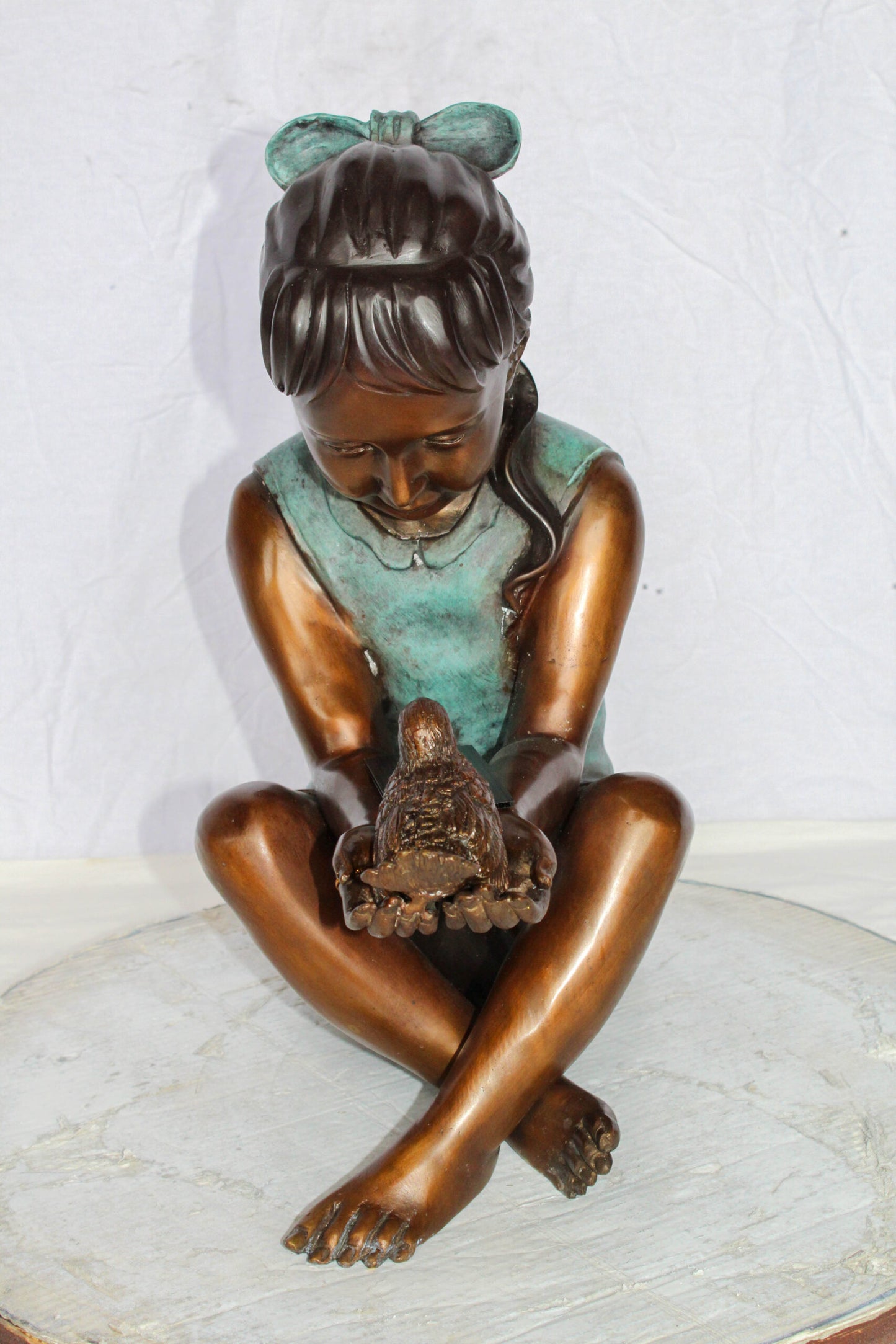 Bronze Girl Holding Bird Statue Lost Wax Sculpture with Patina 19" x 10" x 20"H