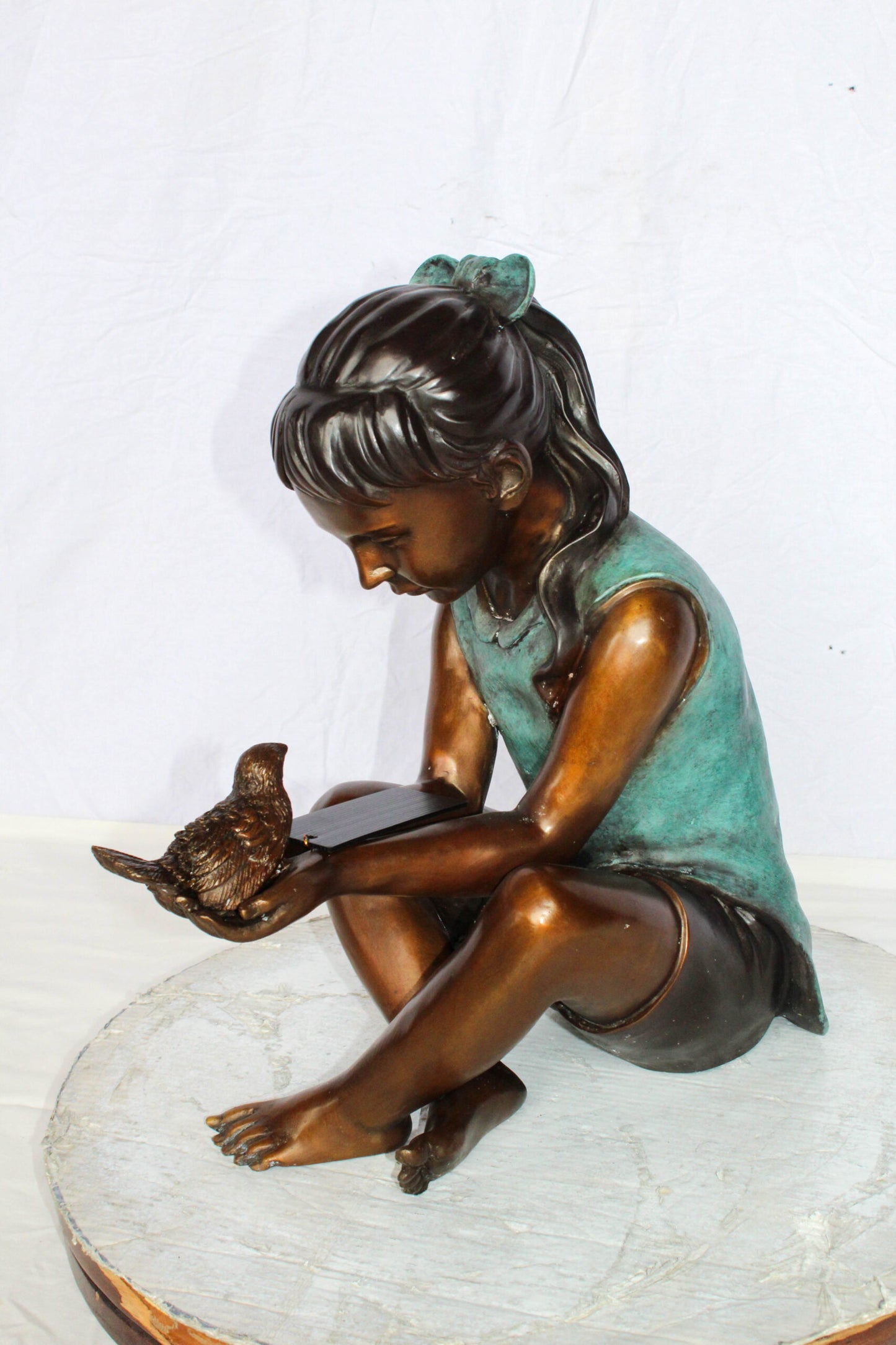 Bronze Girl Holding Bird Statue Lost Wax Sculpture with Patina 19" x 10" x 20"H