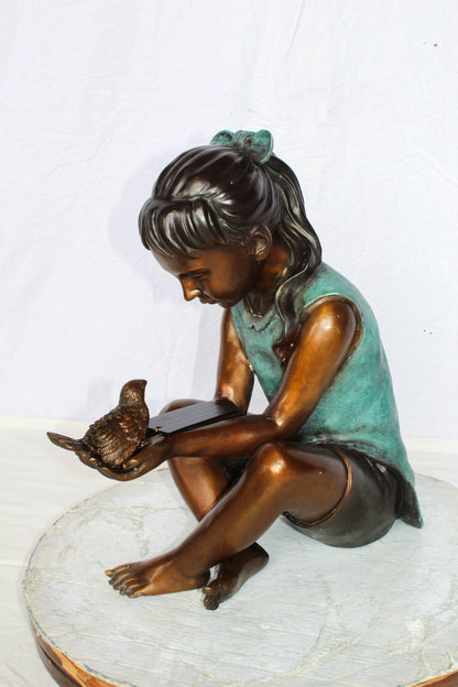 Bronze Girl Holding Bird Statue Lost Wax Sculpture with Patina 19" x 10" x 20"H