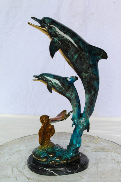 Bronze Dolphins and Mermaid Statue Ocean Fantasy Décor 9" x 7" x 22"H