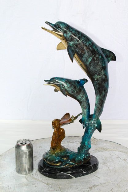 Bronze Dolphins and Mermaid Statue Ocean Fantasy Décor 9" x 7" x 22"H