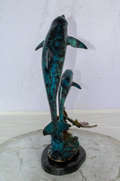 Bronze Dolphins and Mermaid Statue Ocean Fantasy Décor 9" x 7" x 22"H