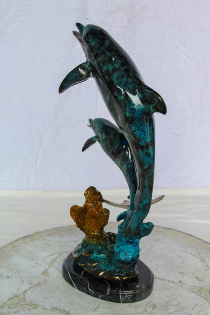 Bronze Dolphins and Mermaid Statue Ocean Fantasy Décor 9" x 7" x 22"H