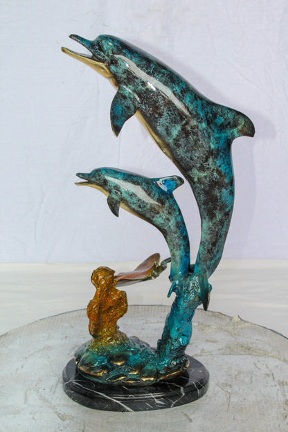 Bronze Dolphins and Mermaid Statue Ocean Fantasy Décor 9" x 7" x 22"H