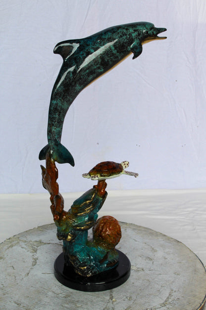 Bronze Dolphin and Turtle Statue Ocean Reef Art Décor 8" x 13" x 25"H