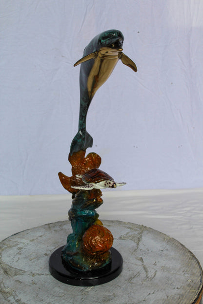 Bronze Dolphin and Turtle Statue Ocean Reef Art Décor 8" x 13" x 25"H