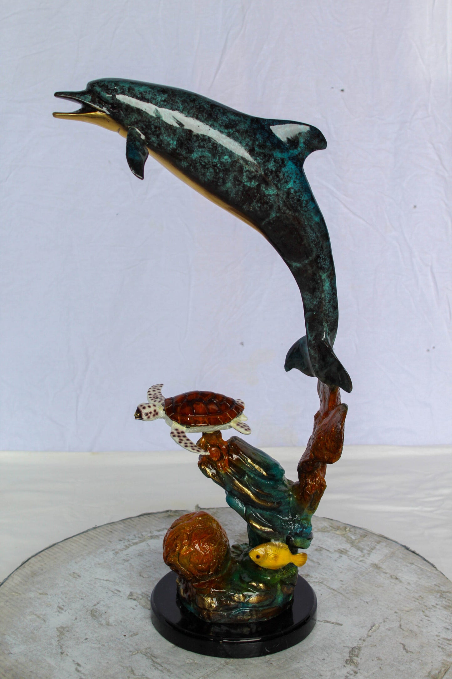 Bronze Dolphin and Turtle Statue Ocean Reef Art Décor 8" x 13" x 25"H
