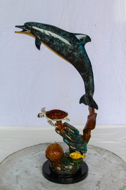 Bronze Dolphin and Turtle Statue Ocean Reef Art Décor 8" x 13" x 25"H
