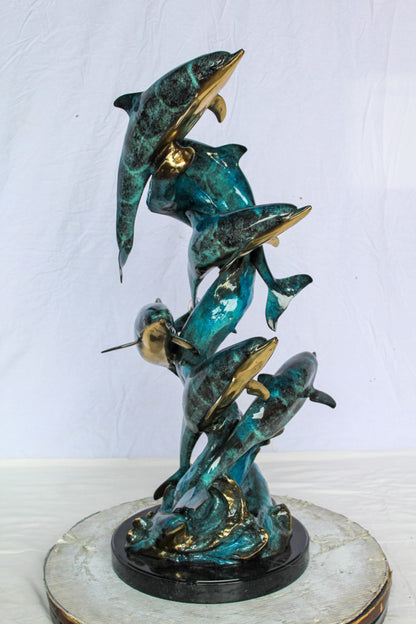 Bronze Dolphin Pod Ocean Sculpture for Coastal Décor 14" x 16" x 35"H