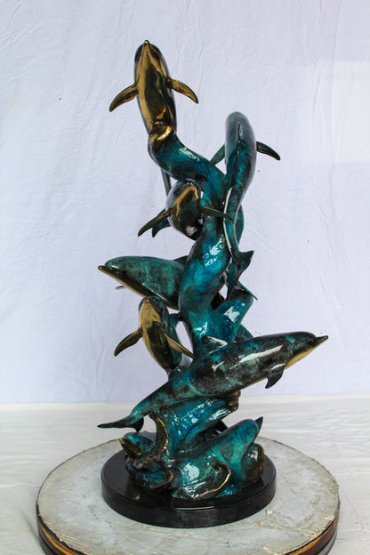 Bronze Dolphin Pod Ocean Sculpture for Coastal Décor 14" x 16" x 35"H