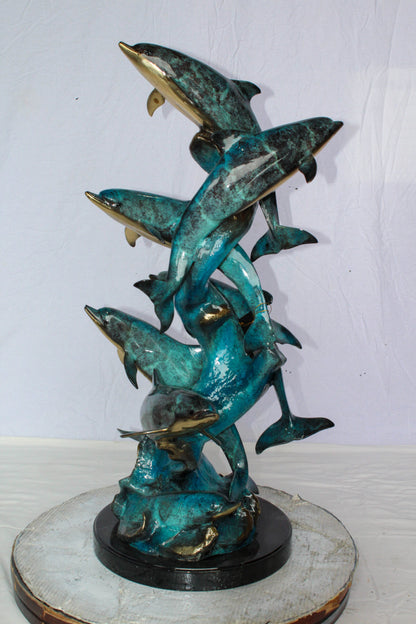 Bronze Dolphin Pod Ocean Sculpture for Coastal Décor 14" x 16" x 35"H