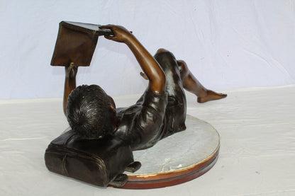 Boy Reading Bronze Statue with Book Raised Overhead 41" x 22" x 18"H