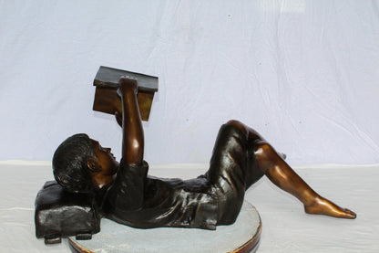 Boy Reading Bronze Statue with Book Raised Overhead 41" x 22" x 18"H