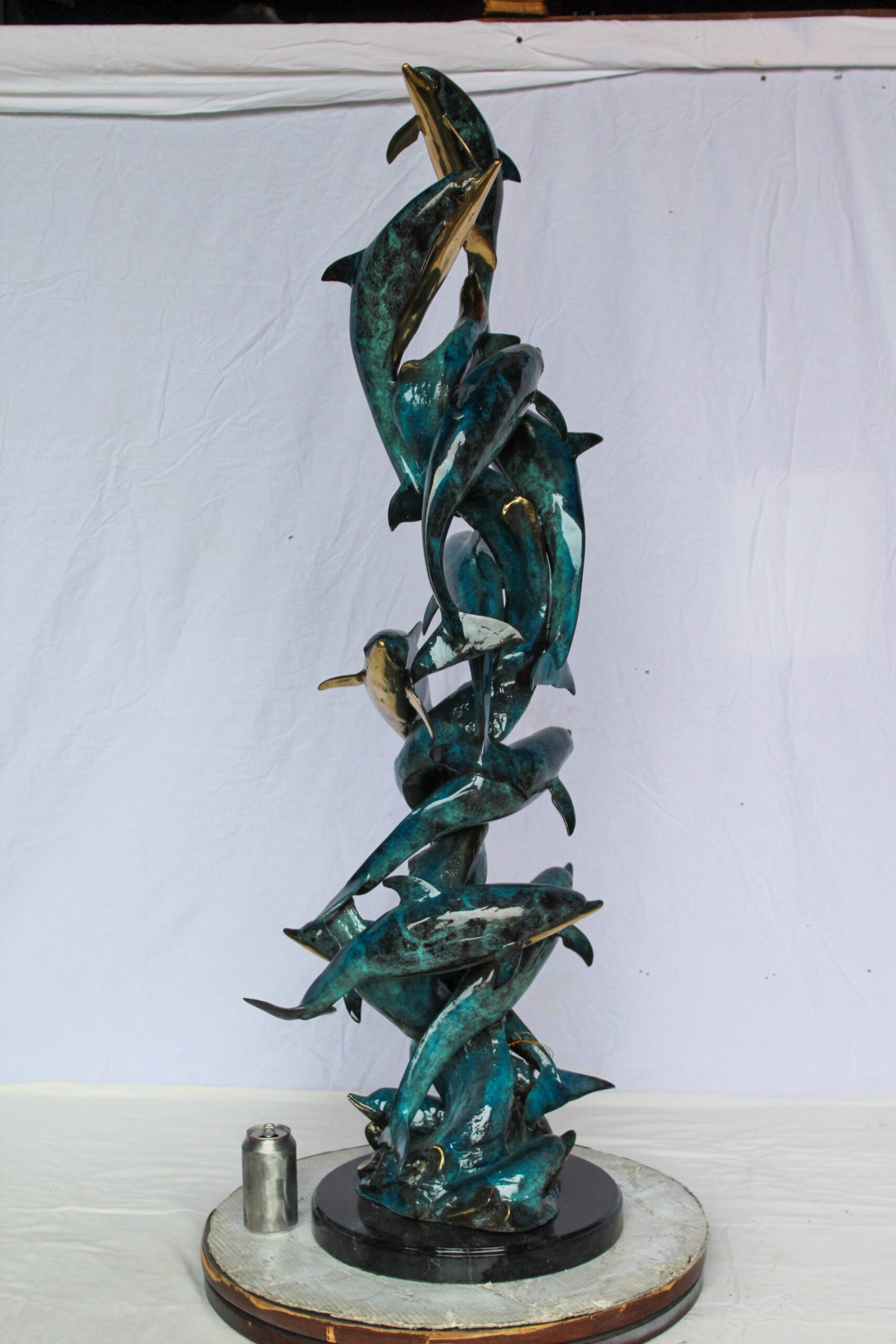 Dolphin Spiral Wave Bronze Statue for Coastal Décor 15" x 17" x 55"H