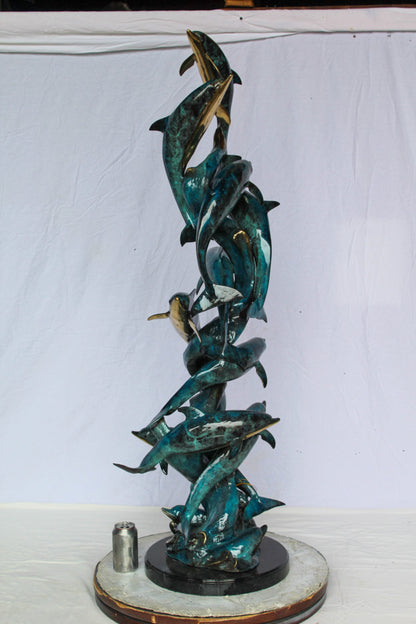 Dolphin Spiral Wave Bronze Statue for Coastal Décor 15" x 17" x 55"H
