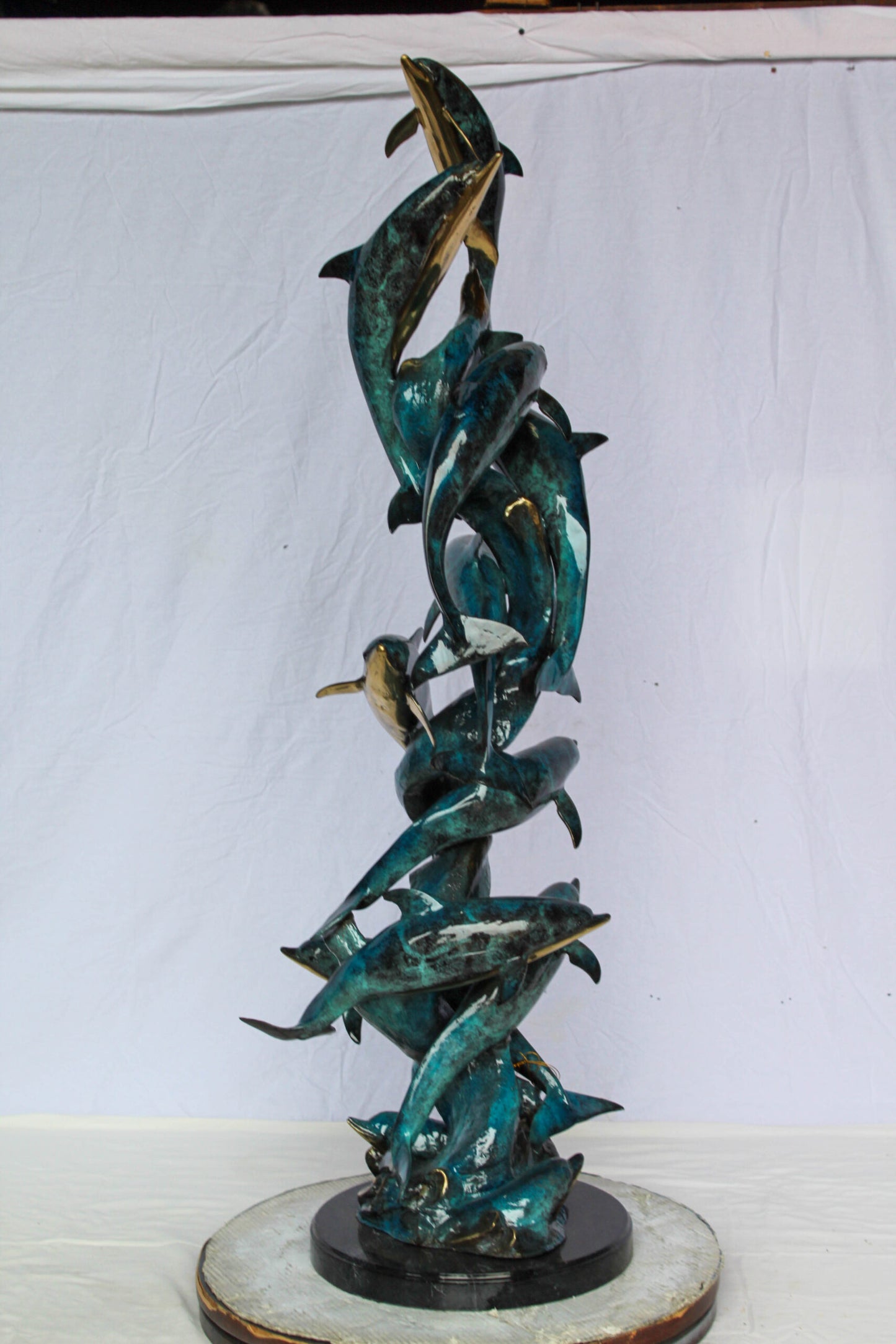 Dolphin Spiral Wave Bronze Statue for Coastal Décor 15" x 17" x 55"H
