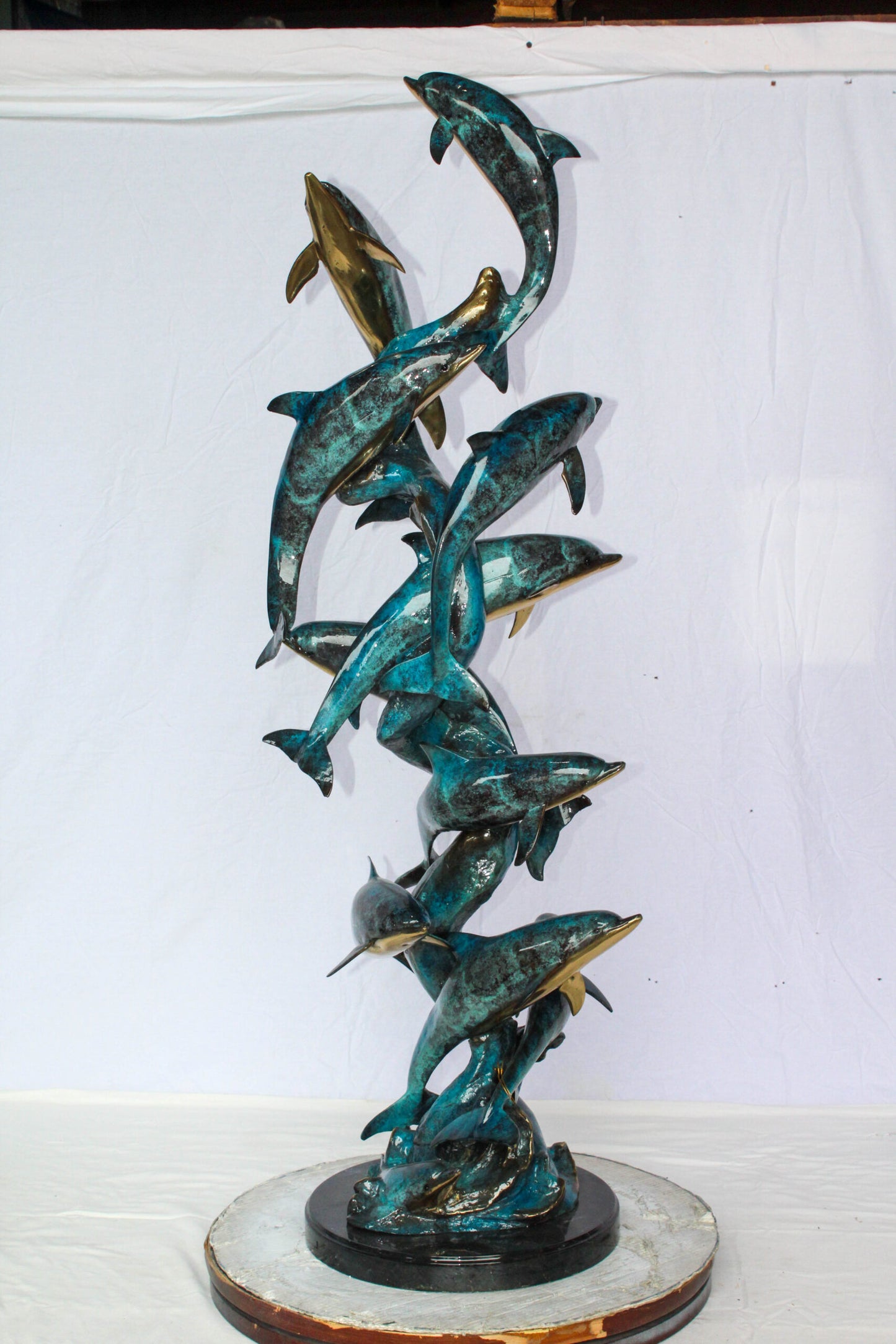 Dolphin Spiral Wave Bronze Statue for Coastal Décor 15" x 17" x 55"H
