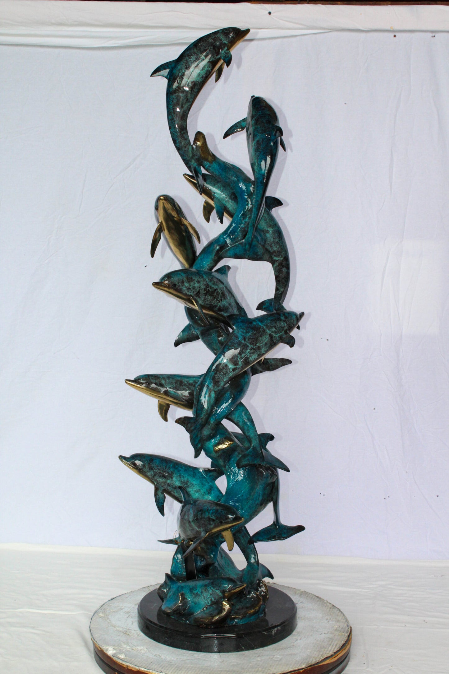 Dolphin Spiral Wave Bronze Statue for Coastal Décor 15" x 17" x 55"H