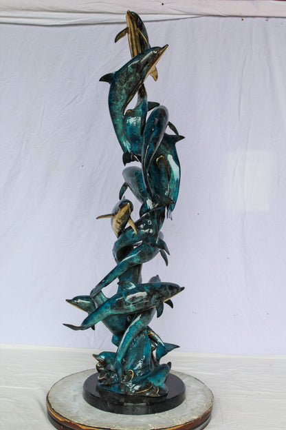 Dolphin Spiral Wave Bronze Statue for Coastal Décor 15" x 17" x 55"H