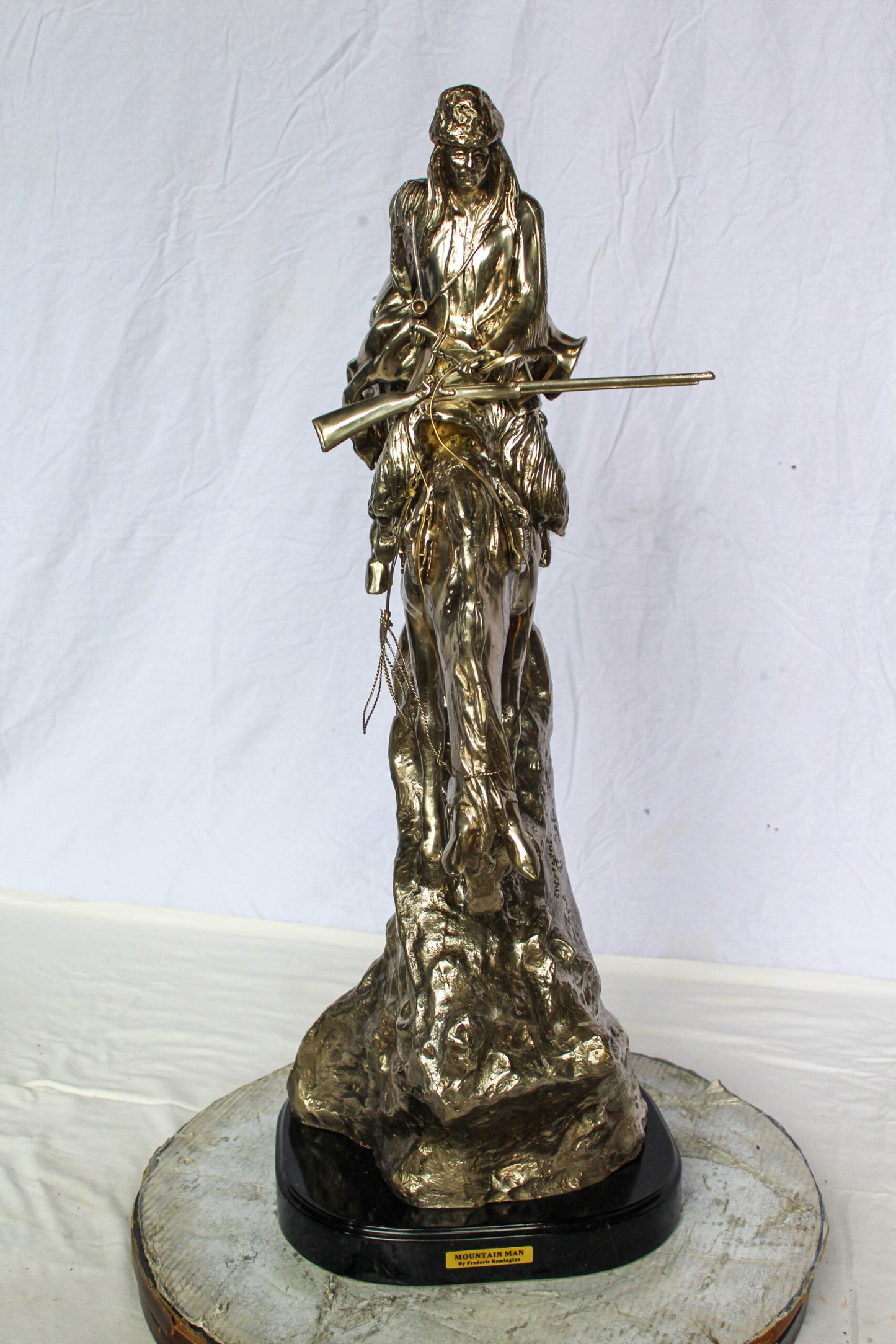 Nifao Jumbo Bronze Mountain Man on Horseback Remington Replica - Silver Patina Western Statue with Black Marble Base, Size: 24"L x 14"W x 36"H