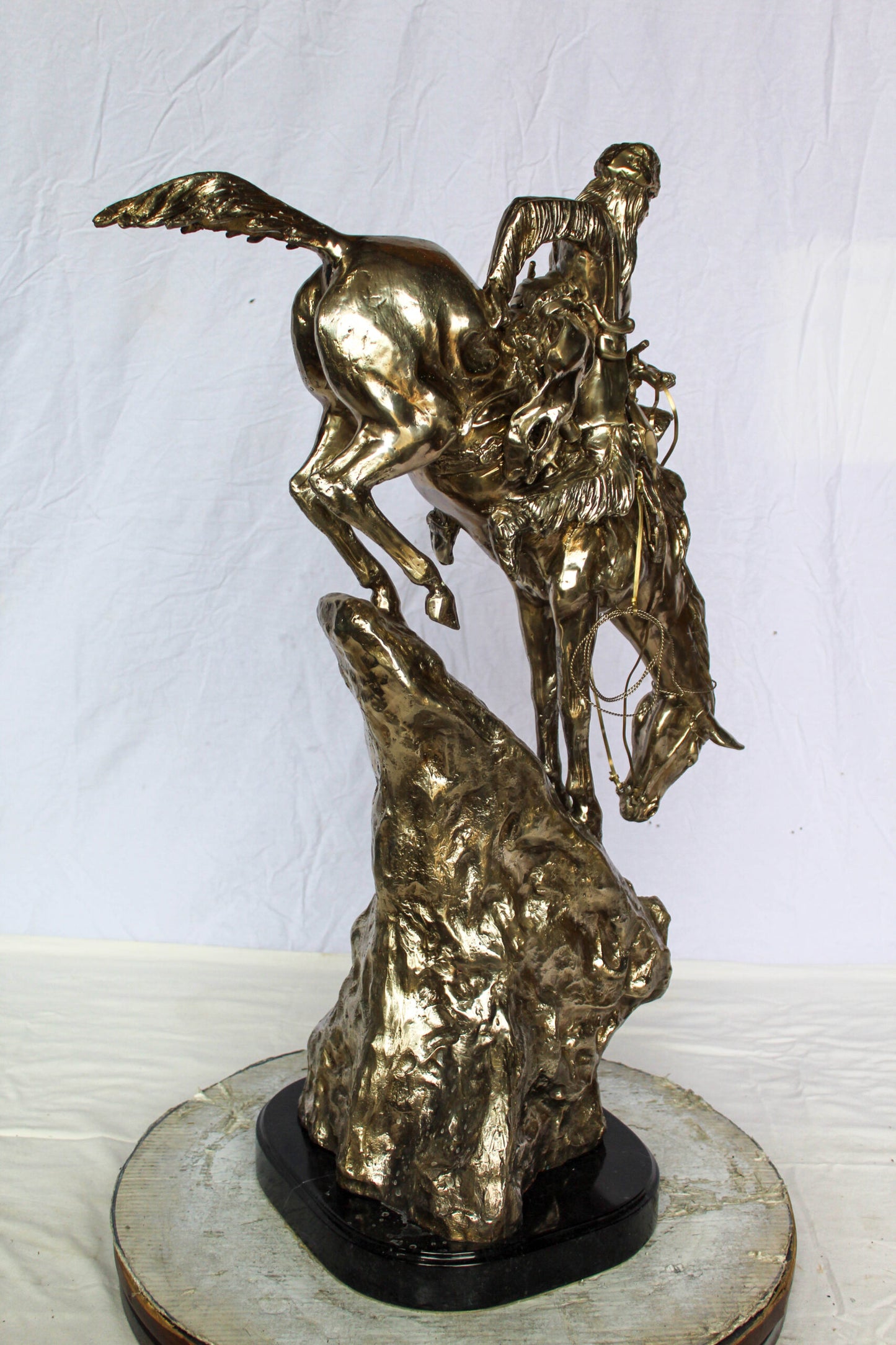 Nifao Jumbo Bronze Mountain Man on Horseback Remington Replica - Silver Patina Western Statue with Black Marble Base, Size: 24"L x 14"W x 36"H